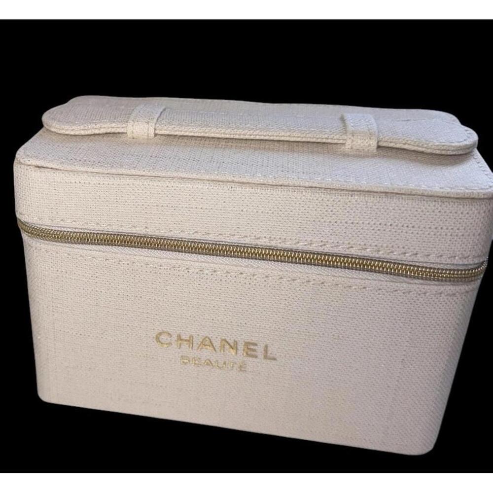GWP CC Beauté Vanity Case Beige Tweed Canvas Hard Shell Rectangle Travel